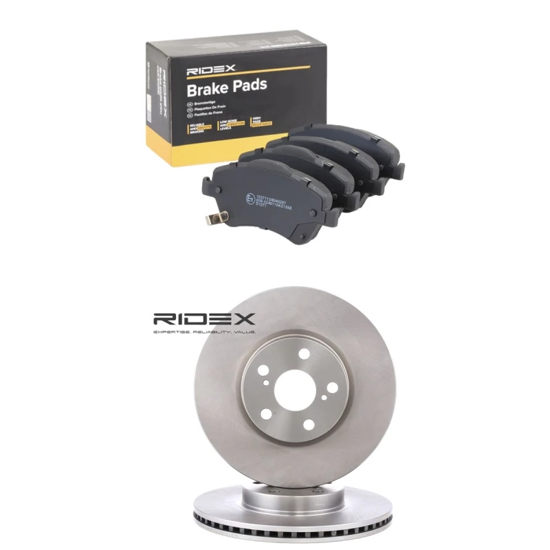Image of RIDEX 3405B2544 Brake disc and pads set Front Axle, Brake Disc Type: internally vented, with acoustic wear warning Brake Set,disc brakes (3405)