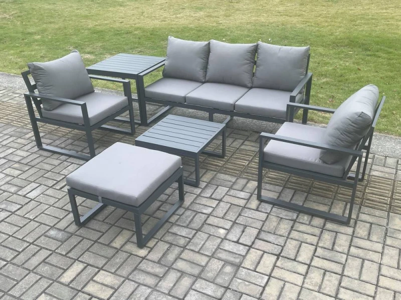 Image of Fimous Aluminium 6 Seater Outdoor Lounge Sofa Set Garden Furniture Sets with Square Coffee Table Chair Big Footstool Side Table Dark Grey Dark Grey Un