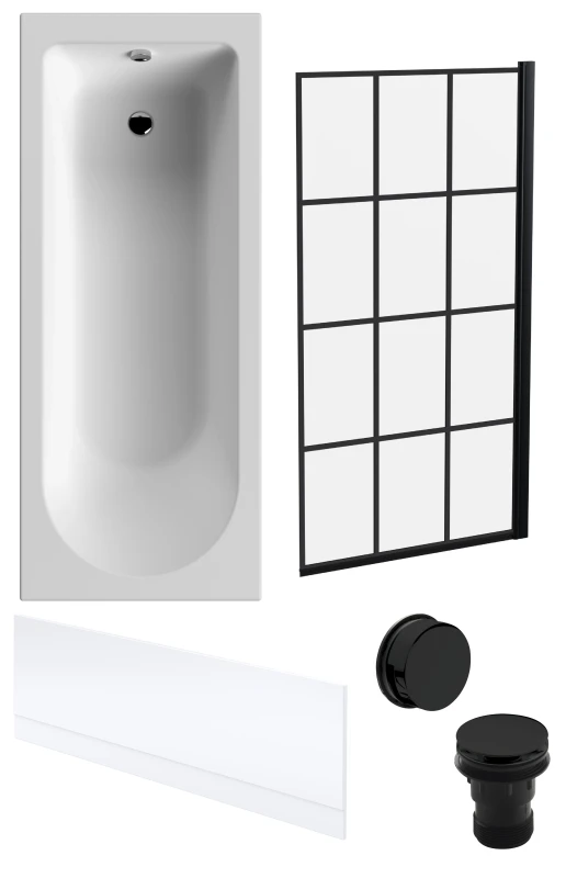 Image of Balterley Round Bath, Black Framed Screen, Front Panel, Black Waste-1700x700mm Black