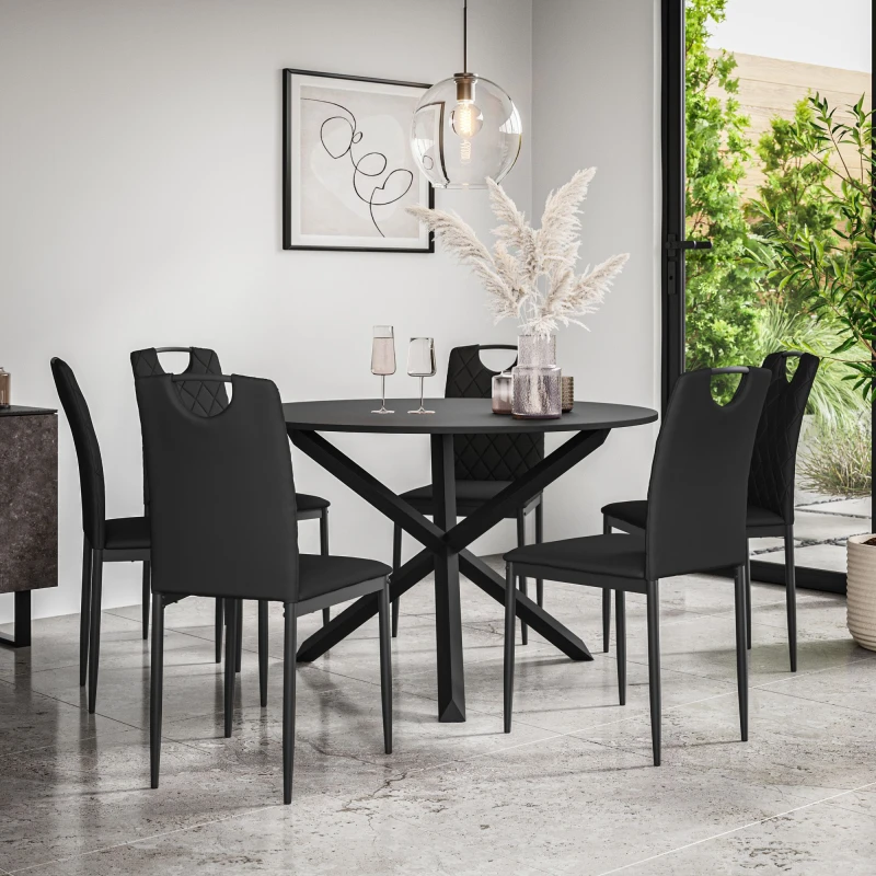 Image of More4Homes Malvern Round Dining Table And Chairs - Black Table Top W Solid Oak Black Legs + Monza Faux Leather Dining Chair Set Of 6 (Black)