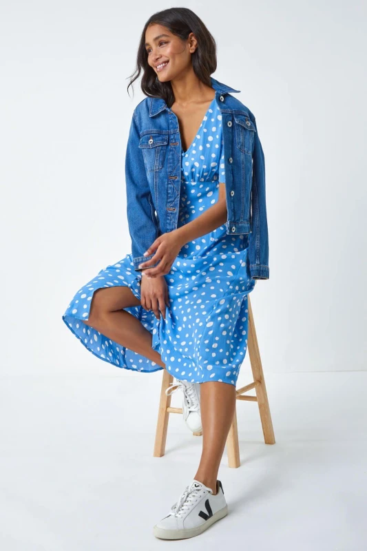 Image of Roman Womens Polka Dot Ruched Sleeve Midi Dress in Light Blue Size: 16 Light Blue Female 16