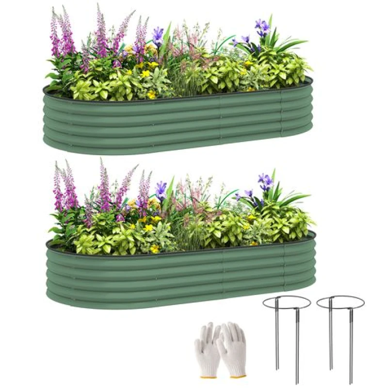 Image of Outsunny Set of 2 Raised Beds for Garden with Metal Plant Stakes, Green Green