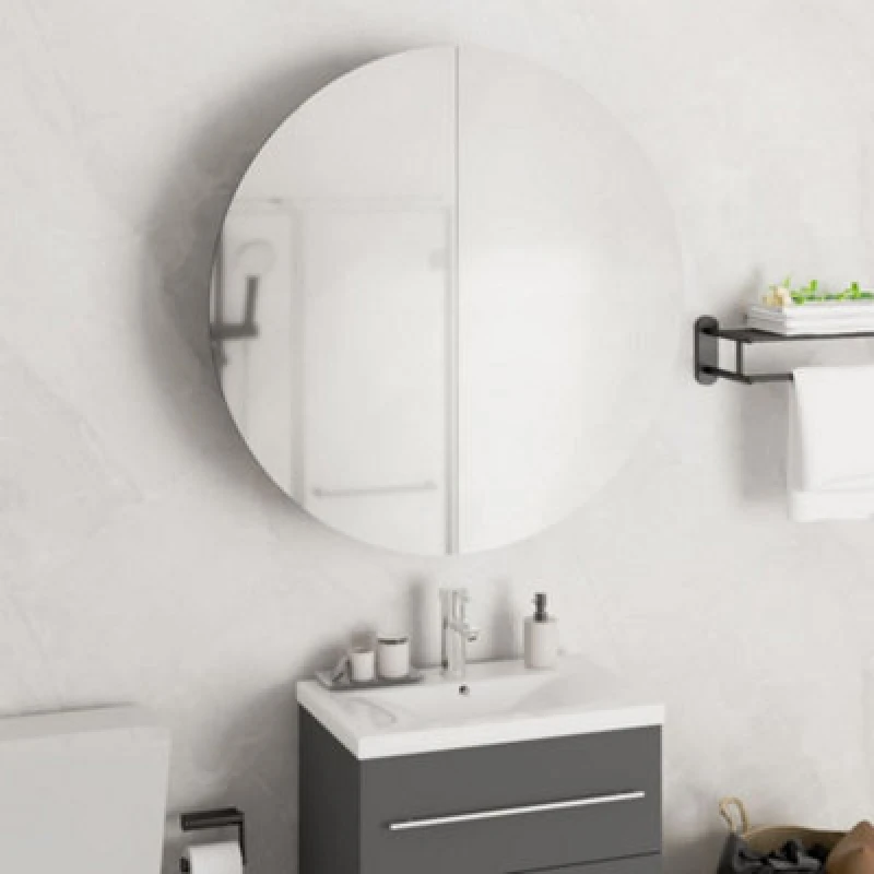 Image of vidaXL Bathroom Cabinet with Round Mirror&LED White 54x54x17.5 cm, White 345587