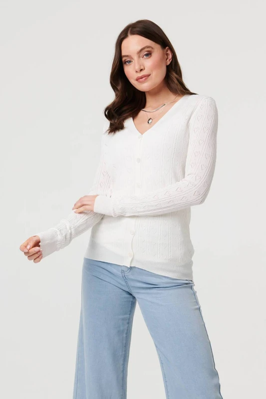 Image of Izabel London Womens Semi Sheer Heart Textured Slim Cardigan in White Size: 10 White Female 10