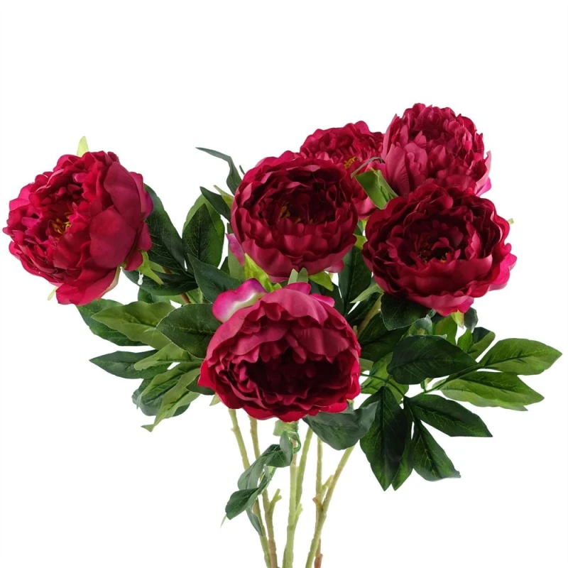 Image of Leaf Pack of 6 x 80cm Artificial Dark Pink Peony Stem