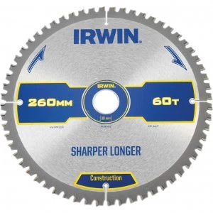 Image of Irwin ATB Ultra Construction Circular Saw Blade 260mm 60T 30mm