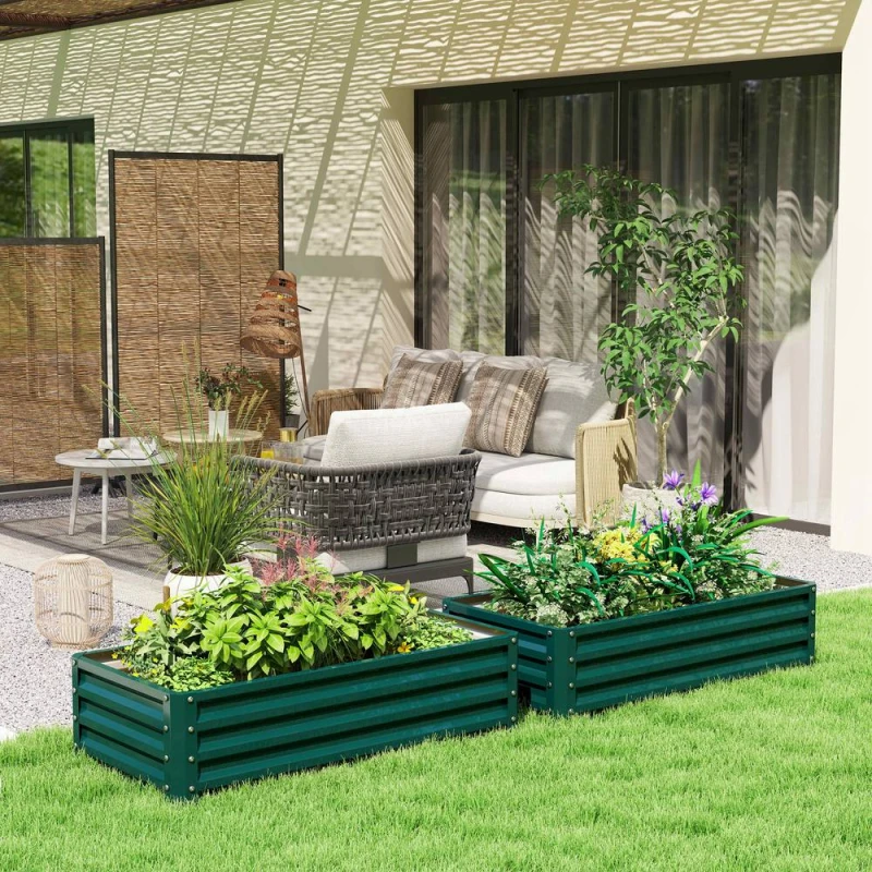 Image of OUTSUNNY Set of 2 Raised Garden Bed Elevated Planter Box for Flowers Green Green Unisex