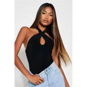 image of I Saw It First Petite Keyhole Halterneck Double Layer Slinky Bodysuit - Black