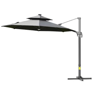 Image of Outsunny 3m Cantilever Parasol w/ Solar Lights Power Bank Cross Base Adjustable Canopy 360° Spin Outdoor Garden Umbrella 2-Tier Roof Sun Shade Grey