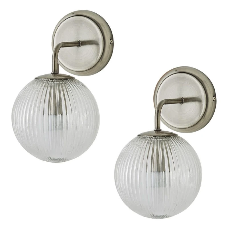 Image of ValueLights ValueLights Kempton Pair of Ribbed Glass Globe Shade Single Arm Wall Lights in Silver Silver One Size Unisex 5059406068362