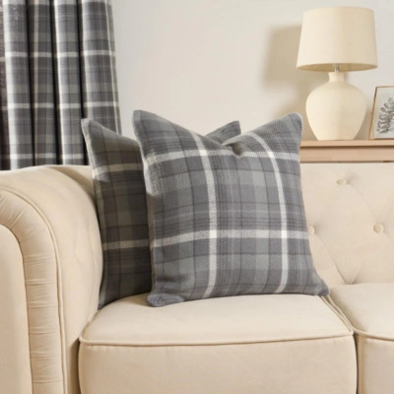 Image of OHS OHS Woven Check Cushion Covers Tartan Pack of 2 Case Pad Set 18" x 18" Home in Charcoal Size: 45cm x 45cm Charcoal 45cm x 45cm Unisex 5027434191