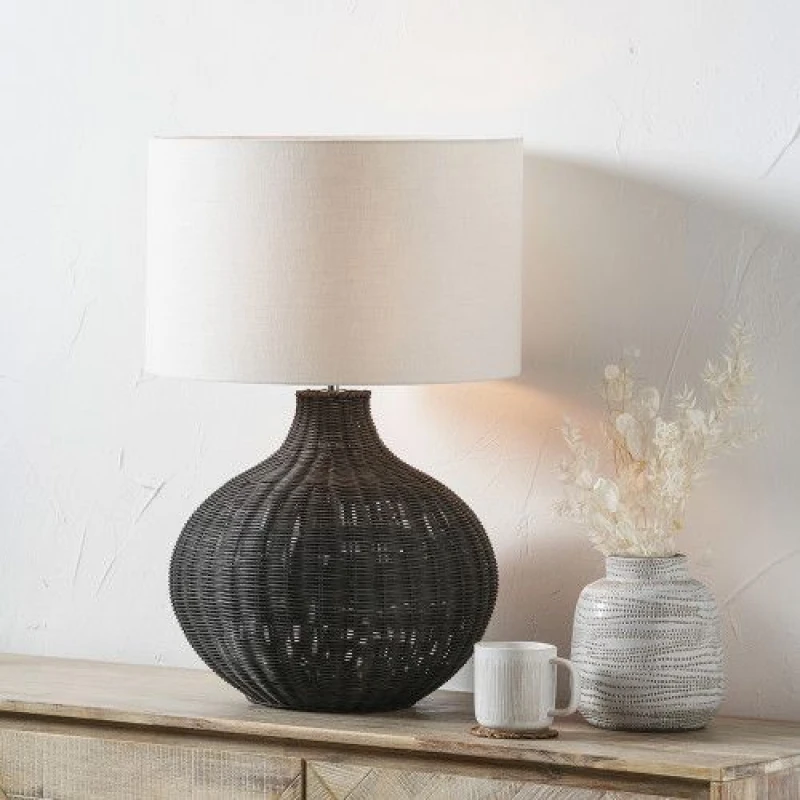 Image of Ruma Round Rattan Table Lamp with Cylinder Shade Black