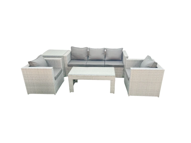 Image of Fimous Rattan Garden Furniture Set 5 Pieces Outdoor Garden Sofa Oblong Coffee Table Set with 2 Chairs Side Tabe Light Grey Mixed Light Grey