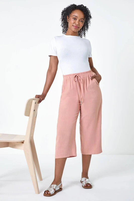 Image of Roman Womens Petite Linen Mix Wide Cropped Trousers in Pink Size: 16 Pink Female 16