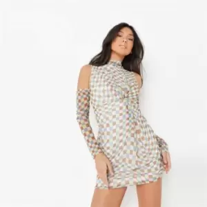 image of Missguided Checkerboard Twist Front Cold Shoulder Mini Dress - Green