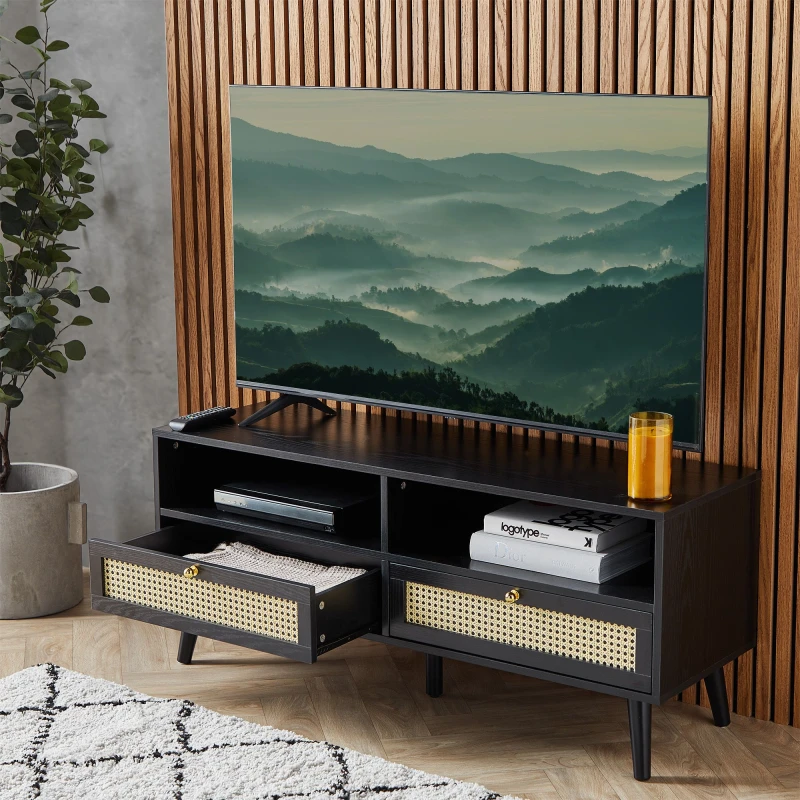 Image of VonHaus Rattan Fronted Black TV Unit Black