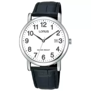 Image of Mens Easy Reader Silver Case Black Leather Strap Watch