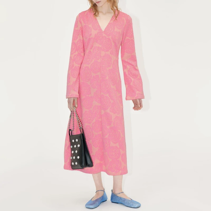 Image of Stine Goya Long Sleeve V Neck Dress Pink female XS