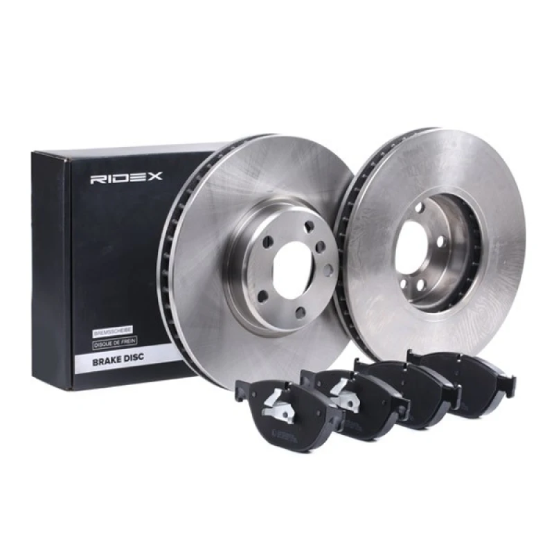 Image of RIDEX 3405B1165 Brake disc and pads set Front Axle Left, Brake Disc Type: internally vented, prepared for wear warning indicator, with piston clip Br