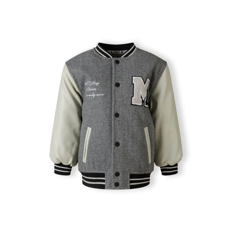 Image of Minoti Boys varsity jacket with snap buttons and PU sleeves grey MottleLightGrey male 2-3 Yrs