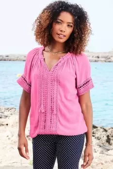 Image of Boho Short Sleeve Crochet Trim Top