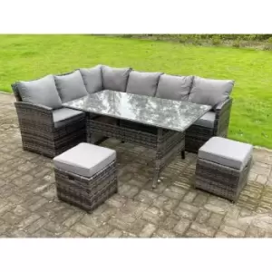 Image of Fimous 6 Seater Outdoor Dark Grey Mixed Rattan High Back Corner Sofa Set with Rectangular Dining Table and 2 Stools