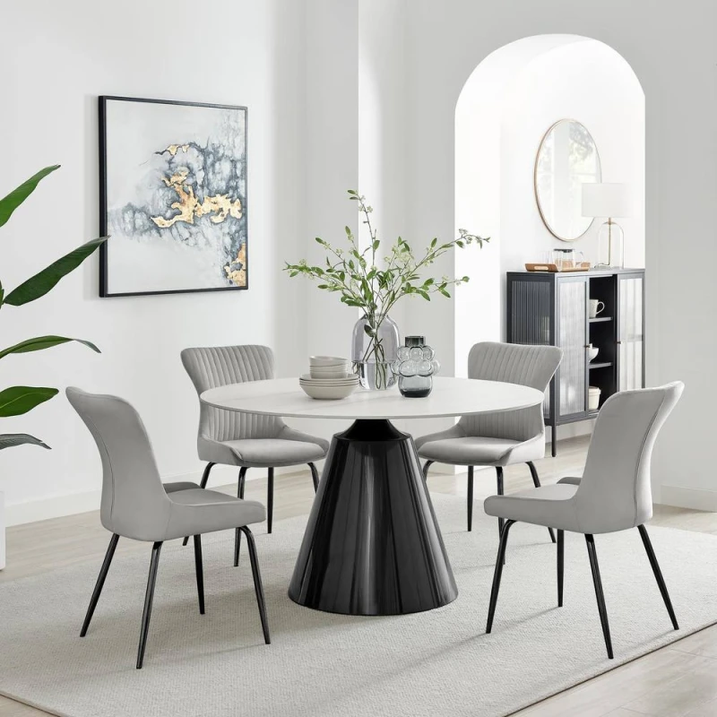Image of FurnitureboxUK Nina Marble-Effect Dining Set with Grey Velvet Chairs in Light Grey Size: 4 Person Light Grey Unisex 4 Person