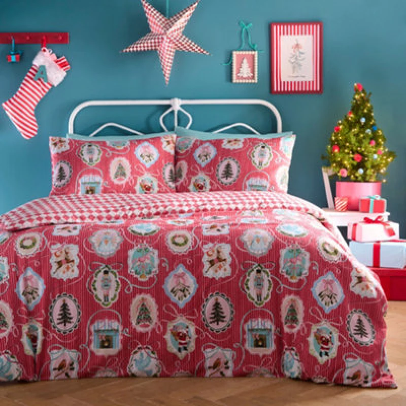 Image of Fusion 'Christmas Vintage Frames' Easy Care Festive Duvet Cover Set in Red Size: Super King Red Unisex Super King