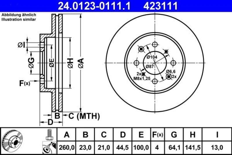 Image of ATE 24.0123-0111.1 Brake disc Vented, Coated, with bolts/screws Brake Disc (82)