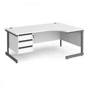 image of Dams International Right Hand Ergonomic Desk with White MFC Top and Graphite Frame Cantilever Legs and 3 Lockable Drawer Pedestal CC18ER3-G-WH 1800 x