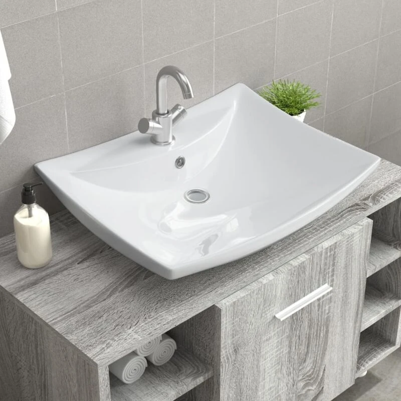 Image of vidaXL Ceramic Basin Rectangular with Overflow & Faucet Hole Bathroom Sink