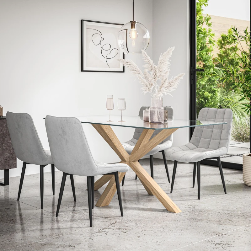 Image of More4Homes Etta Glass Dining Table And Chairs - Glass Top W Solid Oak Legs + Nova Velvet Dining Chair Set Of 4 (Grey)