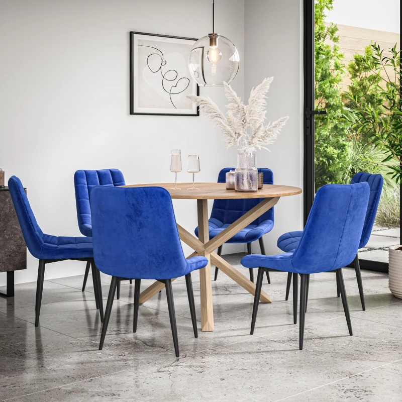 Image of More4Homes Malvern Round Dining Table And Chairs - Oak Table Top W Solid Oak Legs + Nova Velvet Dining Chair Set Of 6 (Blue)
