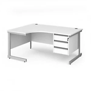 image of Dams International Left Hand Ergonomic Desk with 3 Lockable Drawers Pedestal and White MFC Top with Silver Frame Cantilever Legs Contract 25 1600 x 12