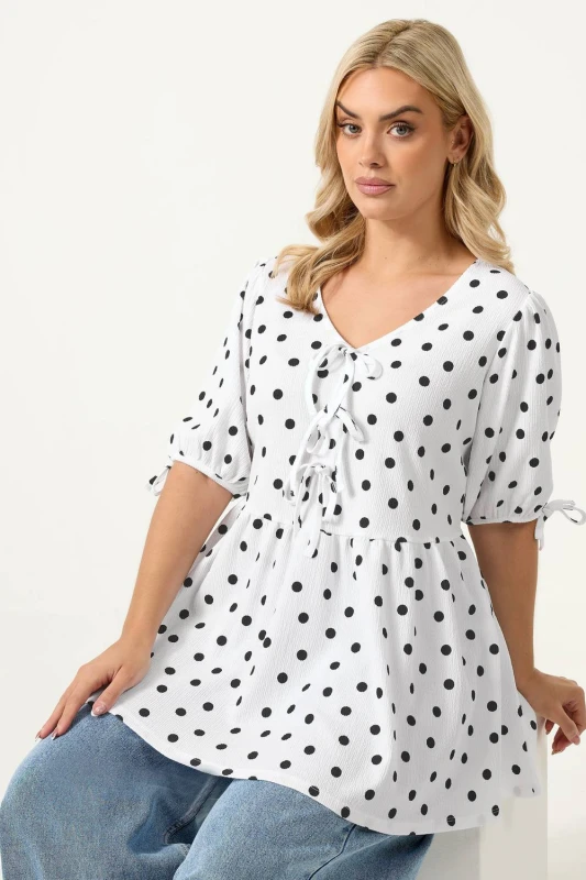 Image of Yours Womens Polka Dot Bow Front Peplum Top in White Size: 22-24 White Female 22-24