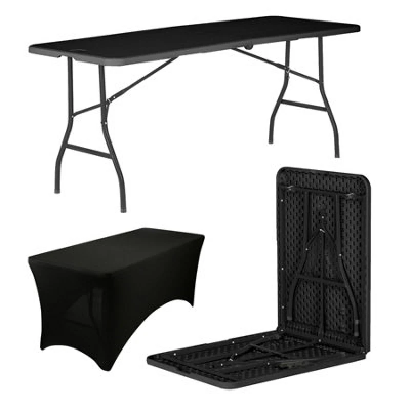 Image of Harbour Housewares Folding Camping Picnic Table With Fitted Tablecloth - 180Cm (6ft) - Black/black - Portable Plastic Outdoor Party Display