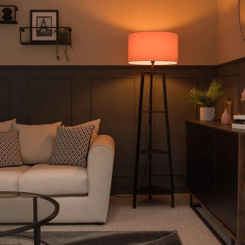 Image of ValueLights ValueLights Hiru Black 3 Tier Shelf Floor Lamp with Large Drum Shade and Bulb in Pale Pink Pale Pink One Size Unisex 5059406034428