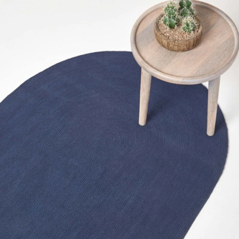 Image of Homescapes Navy Handmade Woven Braided Oval Rug, 90 X 150 Cm