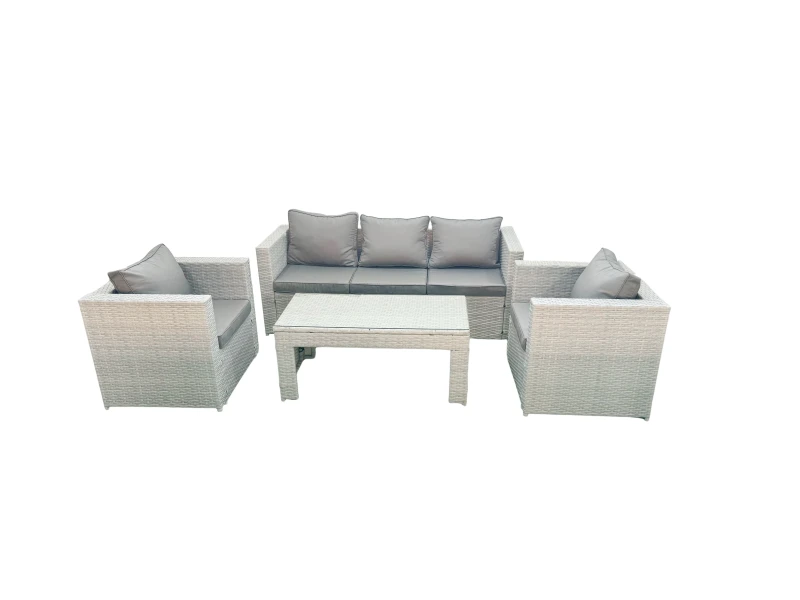 Image of Fimous Rattan Garden Furniture Set 4 Pieces Outdoor Garden Sofa Oblong Coffee Table Set with 2 Chairs Light Grey Mixed Light Grey