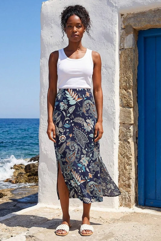 Image of Roman Womens Paisley Print Stretch Midi Skirt in Navy Size: 20 Navy Female 20