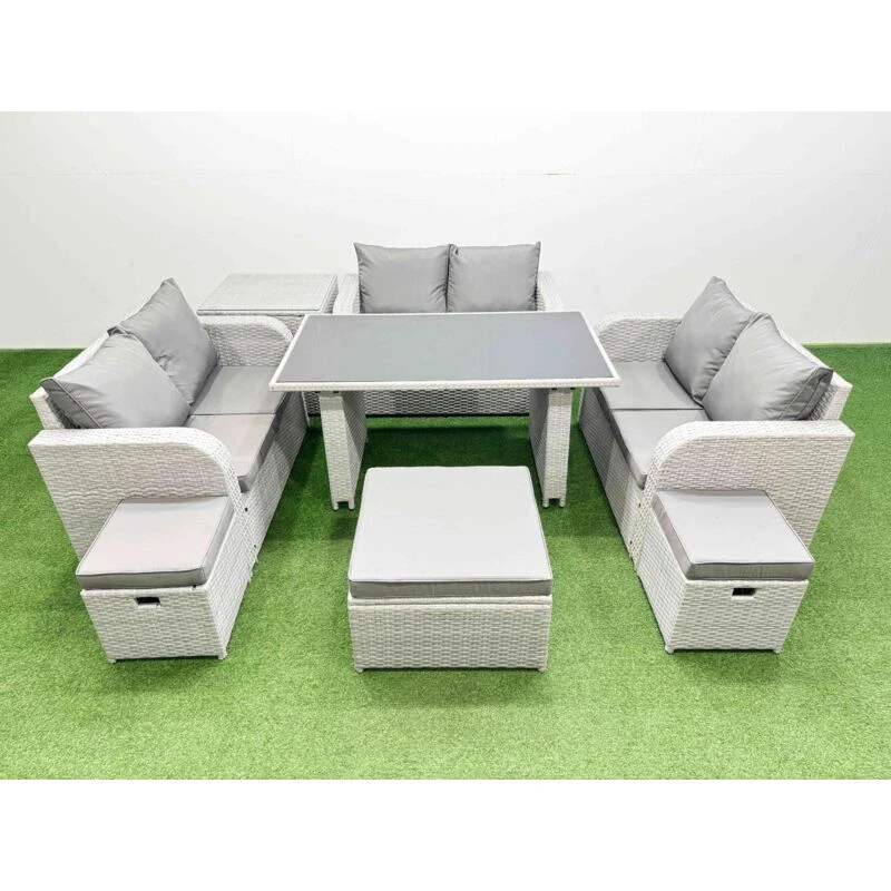 Image of Fimous 9 Seater Patio Garden Furniture Sets with Side Table 3 Stool in Light Grey Light Grey Unisex