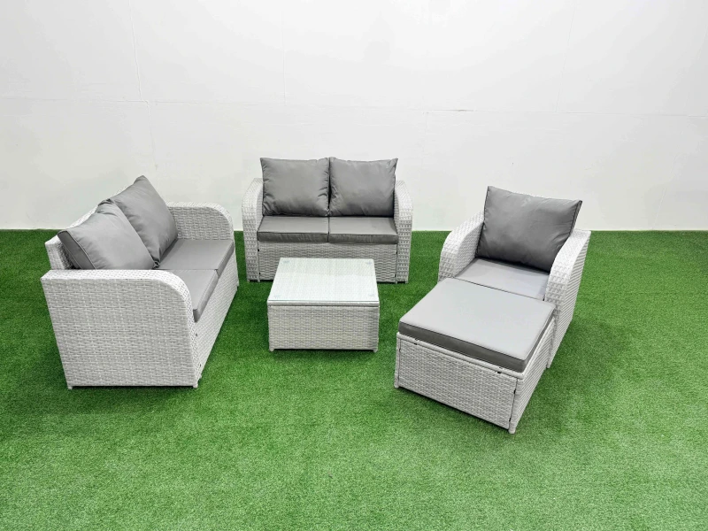Image of Fimous High Back Poly Rattan Garden Furniture Set with Reclining Chair Loveseat Sofa Square Coffee Table Indoor Outdoor Patio Set Big Stool Light Gre