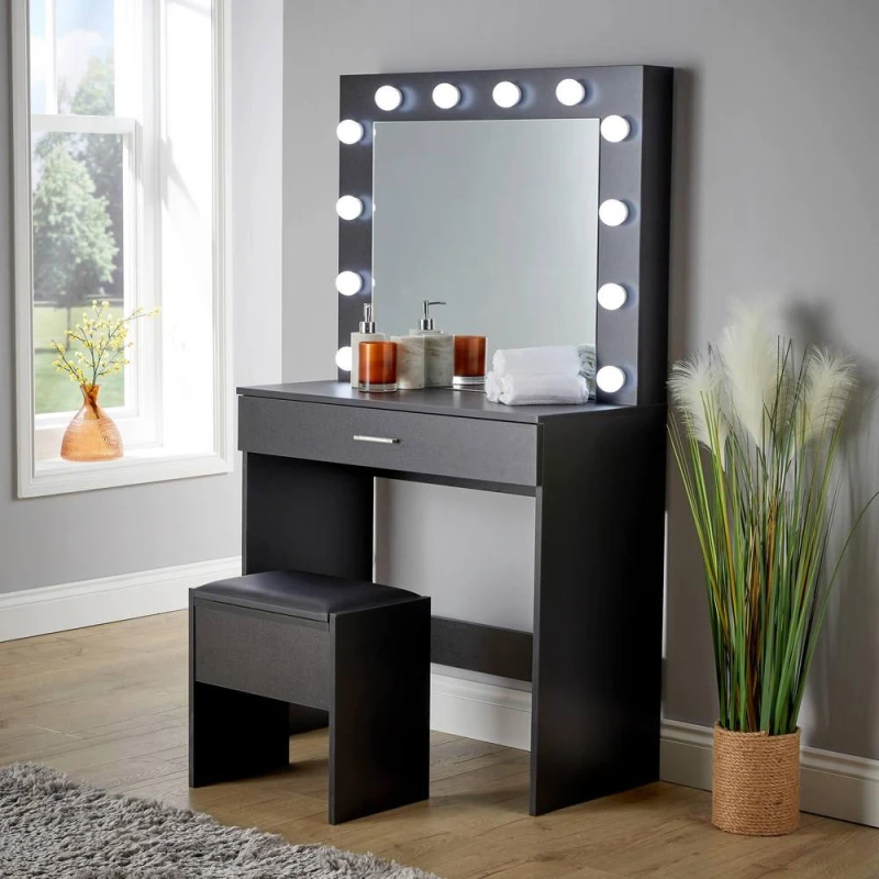 Image of Home Source Ella Black Dressing Table With Stool And LED Lights Mirror