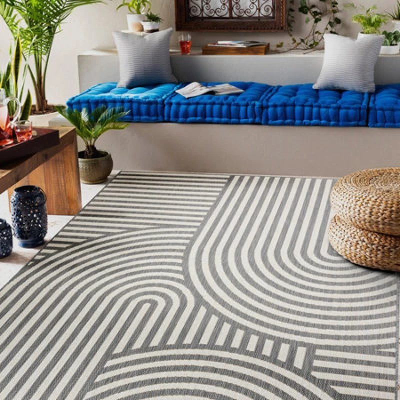Image of RugsX Sisal Flat String Rug 49376637 Circles Stripes Gray / Cream 80X150 Cm