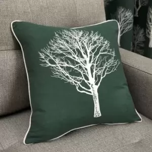 image of Woodland Trees Print 100% Cotton Filled Cushion, Bottle Green, 43 x 43cm - Fusion