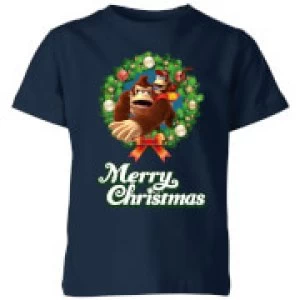 image of Nintendo Donkey Kong Wreath Merry Christmas Kid's T-Shirt - Navy - 11-12 Years