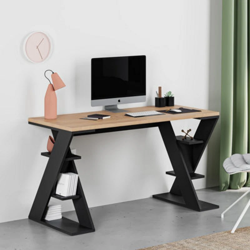 Image of Decortie Papillon Desk With Bookshelf Storage Legs Modern Minimalist Workspace Desk Oak Silky Black 137X75X60 Cm