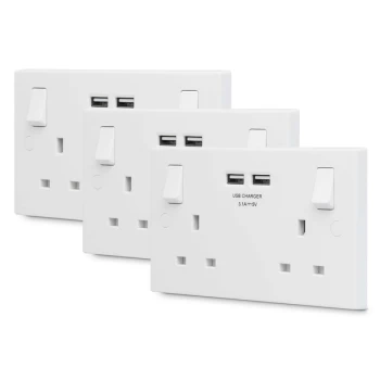 Image of British General 13A 2 Gang Switched Socket with 2x USB-A 3.1A - White. Pack of 3