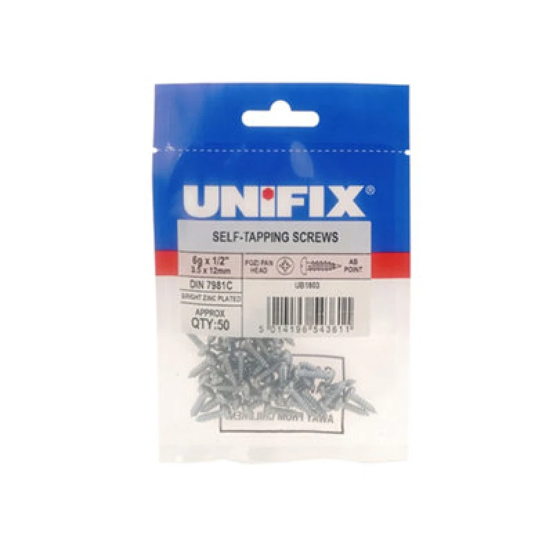 Image of Unifix Self-Tapping Screws Pozi Pan Head Ab Din 7981C Bzp - 6G X 1/2" (3.5 X 12mm) - Ub420306 0.50Cr3 For Diy - Box Of 250
