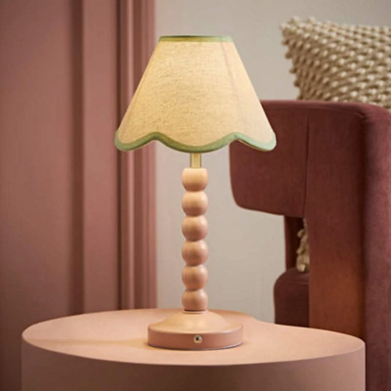 Image of Valuelights Bobble Green Scallop Trim Shade Pink Rechargeable Wooden Table Lamp